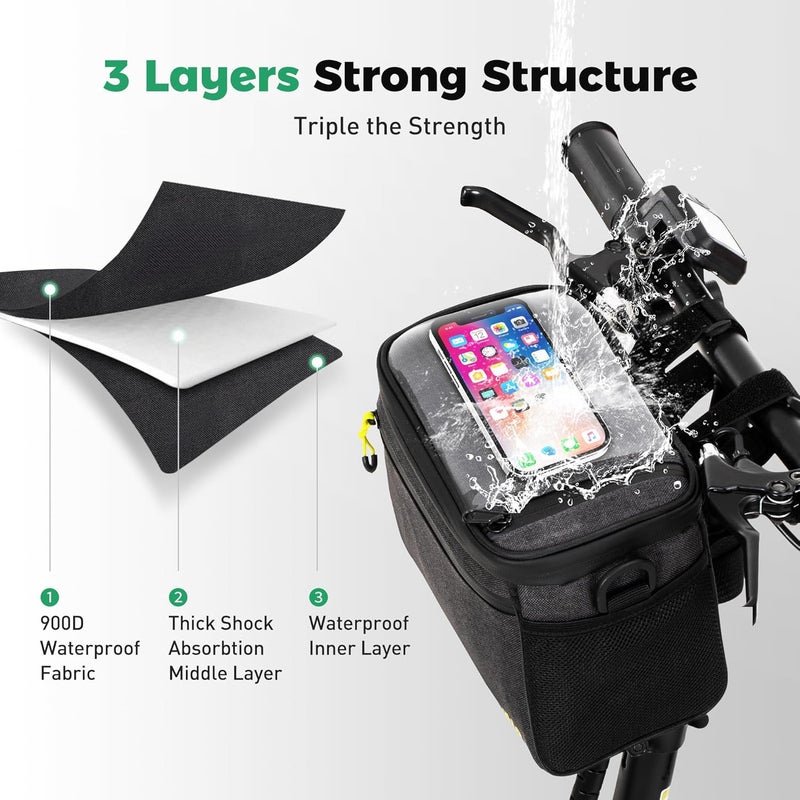 LuxeVélo Luxevelo Bike Handlebar Bag with 6" Transparent Pouch, 360° Sealed Anti-Rust/Slip Zippers & Bottle Pocket – Lightweight 3-Layer Weatherproof Design, Convertible Strap for Cycling, Commute & Travel - Image 2